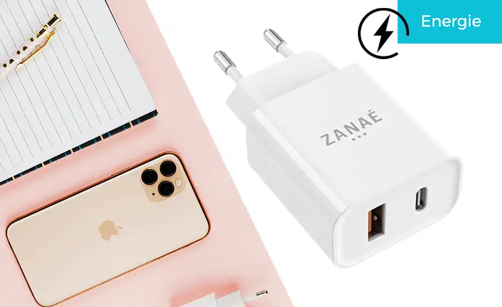 Chargeur mural USB à double port blanc avec la marque 'ZANAE'.